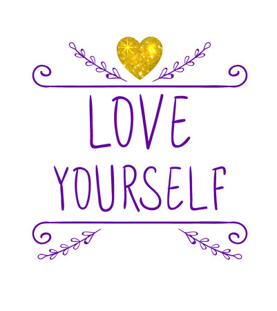 LOVE YOURSELF. VECTOR handwritten letters and doodle frame with glitter gold heart. Purple wordsのイラスト素材