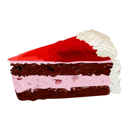 Cake slice, hand drawn VECTOR sketch. Red cream cake.のイラスト素材