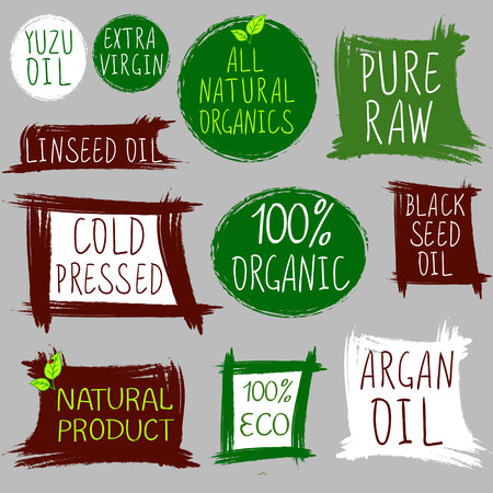Vintage stamps, oil. Cold pressed oil, 100 eco and organic, all natural, pure raw prodect. Argan, yuzu, black seed and linseed oil emblems. VECTOR set. Gray backgroundのイラスト素材
