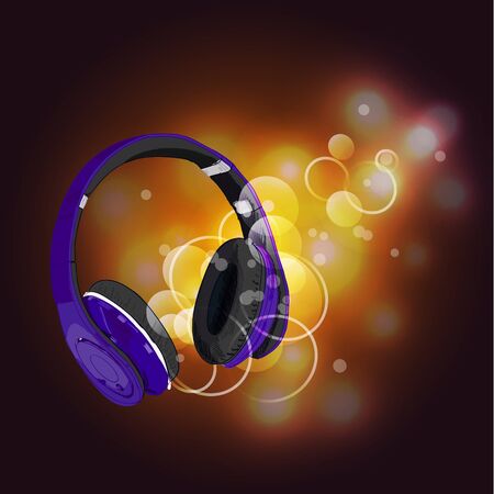 Headphones with magic of music. VECTOR illustration. Purple headphones and yellow abstract lights.のイラスト素材