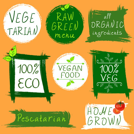 Vintage signs: vegetarian, raw green menu, all organic ingredients, 100 ECO, vegan food, 100 VEG, pescatarian, home grown. On orange background.のイラスト素材