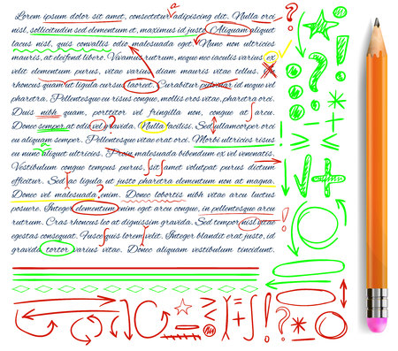 VECTOR set of hand drawn doodle icons and realistic pencil. Elements set. Green, yellow and red colorsのイラスト素材