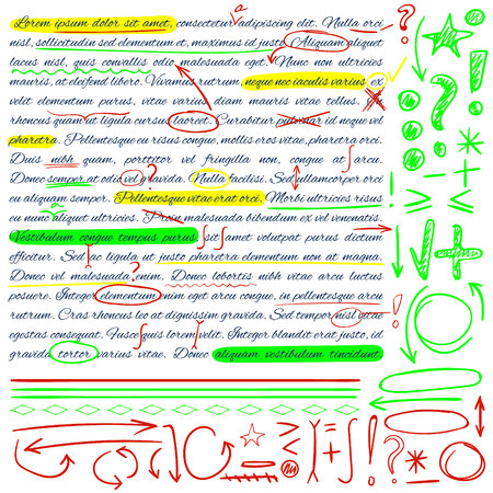 VECTOR set of hand drawn doodle icons. Elements set. Green, yellow and red colors.のイラスト素材