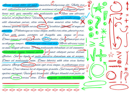 VECTOR set of hand drawn doodle icons. Elements set. Green, blue and red colors.のイラスト素材