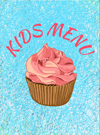 Kids menu cover template. VECTOR illustration. Cupcake on theard background. Pink and blue colors.のイラスト素材