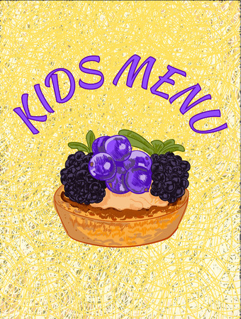 Kids menu cover template. VECTOR illustration. Cupcake on theard background. Yellow color, blue, purple.のイラスト素材