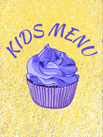 Kids menu cover template. VECTOR illustration. Cupcake on theard background. Yellow and blue colors.のイラスト素材
