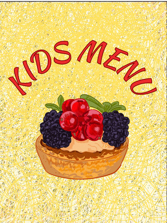 Kids menu cover template. VECTOR illustration. Cupcake on theard background. Yellow color, redのイラスト素材