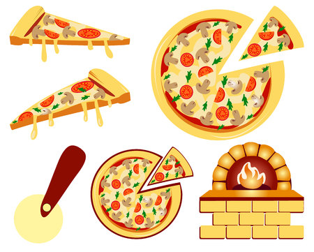 Set of pizza menu flat icons. VECTOR illustration isolated on white.のイラスト素材