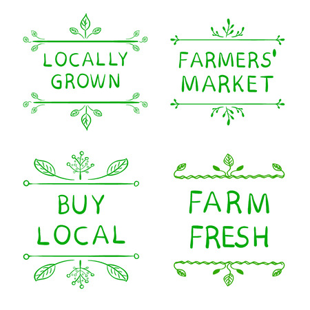 Fresh local produce, farmers market, buy local and farm fresh emblems. Hand drawnのイラスト素材