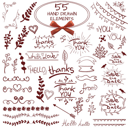 Big set of 55 hand drawn design elements. VECTOR. Red on white with realistic bowのイラスト素材