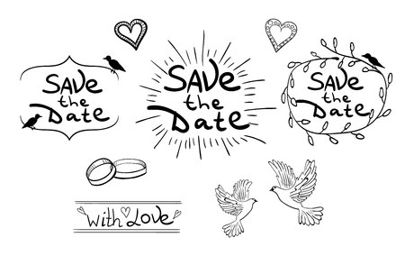 Save the Date. Set of hand drawn design elements. Vintage VECTOR. Black on white.のイラスト素材