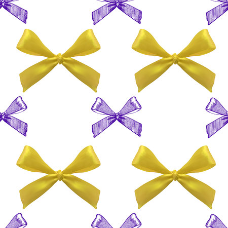 Seamless pattern with realistic and sketched bows on white background. Yellow and purple bows.のイラスト素材