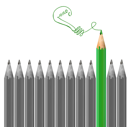 Gray pencils and green pencil drawing light bulb. Idea concept. VECTORのイラスト素材