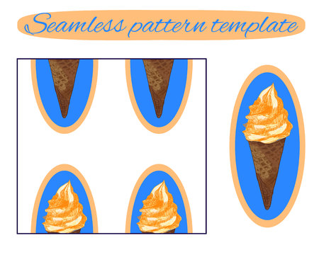 Seamless background: ice cream cone on white. VECTOR template. Icecream with orange cream on blue.のイラスト素材