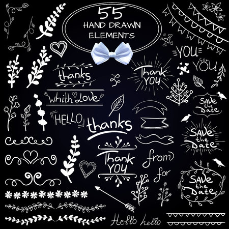 Big set of 55 hand drawn design elements. VECTOR. White on black with realistic white bowのイラスト素材