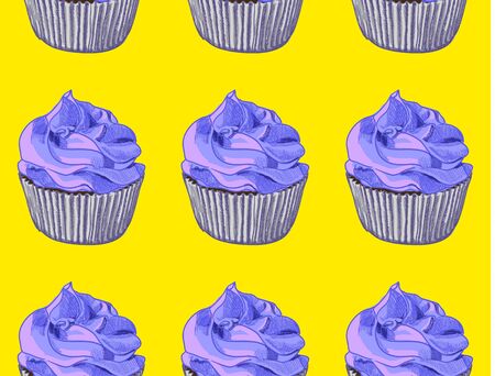 Seamless pattern. Hand drawn cupcakes on yellow background. Bue cream. VECTORのイラスト素材