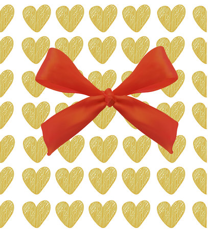Background with hearts and bow. VECTOR illustration. Golden hearts and magenta redのイラスト素材