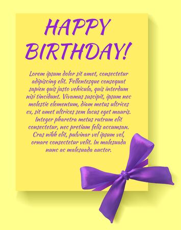 Birthday party invitation card template with purple bow. Yellow card.のイラスト素材