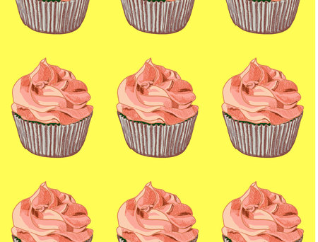 Seamless pattern. Hand drawn cupcakes on yellow background. Red cream. VECTORのイラスト素材