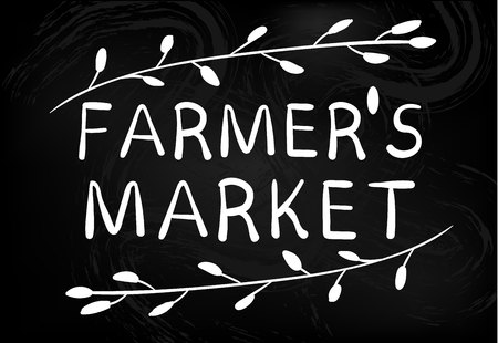 Farmers market emblem on chalkboard. Hand drawn typographic elements.のイラスト素材