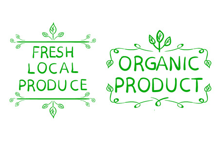Fresh local produce and organic product emblems. Hand drawnのイラスト素材