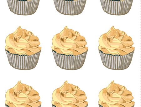 Seamless pattern. Hand drawn cupcakes on white background. Orange cream. VECTORのイラスト素材