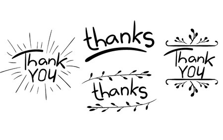 Thank oyou and thanks words isolated on white. Letters with hand drawn elements. VECTR. Black.のイラスト素材