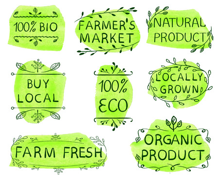 100 bio, eco, buy local, farmer's market, natural product, locally grown, farm fresh, organic product. Set of hand drawn VECTOR icons on dark green watercolor spots, green lines.のイラスト素材