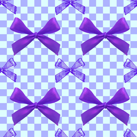 Seamless pattern with realistic and sketched bows on checkered blue background. Purple bows.のイラスト素材