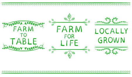 FARM FOR LIFE, FARM TO TABLE, LOCALLY GROWN. Hand drawn typographic elements isolated on white. Green lines. Farming iconsのイラスト素材
