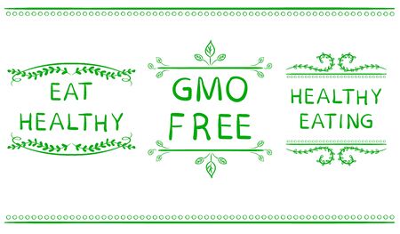 EAT HEALTHY, GMO FREE, HEALTHY EATING icons isolated on white. Handwritten letters, VECTOR.の写真素材