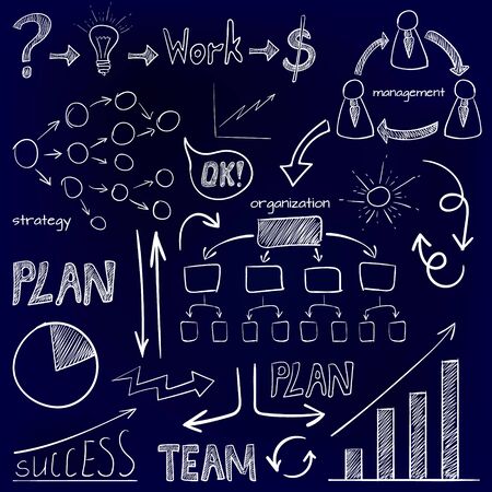 Set of business icons. Plan, team work, graph, light bulb, money sign, hand drawn arrows, organization scheme, management system. VECTOR doodle icons. White on blueの写真素材