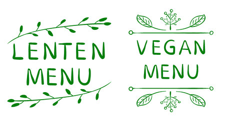 LENTEN MENU and VEGAN MENU inscription isolated on white. Hand writtenの写真素材