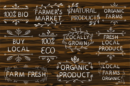 Set of VECTOR typographic elements on wooden background. Farmers market, farm fresh eco food. Hand-drawn set on white background. White lines.のイラスト素材