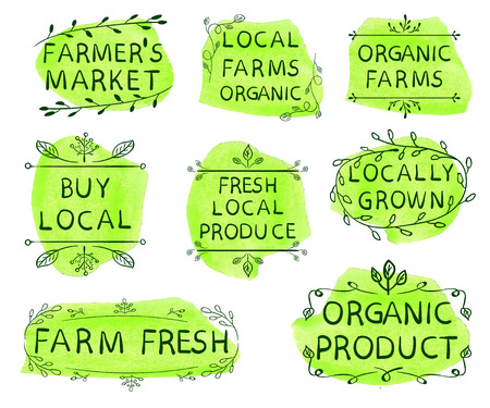 Farmer's market, local farms organic, organic farms, buy local, fresh local produce, locally grown, farm fresh, organic product. Set of VECTOR icons on yellow-green watercolor spots, green lines.のイラスト素材
