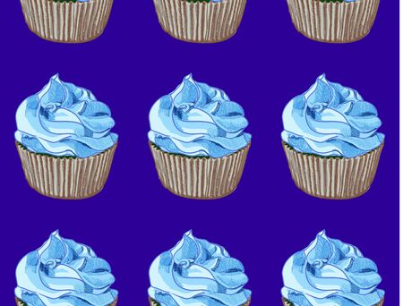 Seamless pattern. Hand drawn cupcakes on blue background. Blue cream. VECTORのイラスト素材