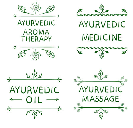 AYURVEDIC AROMETHERAPY, MEDICINE, OIL, MASSAGE. Set of typographyc VECTOR elements, hand drawn letters. Green linesのイラスト素材