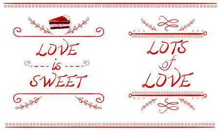 LOVE IS SWEET and LOTS of LOVE words, VECTOR cake slice, red lines isolated on whiteのイラスト素材