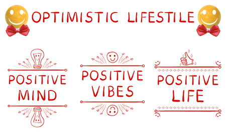 Optimistic lifestyle: positive mind, positive vibes, positive life Hand drawn elements and realistic yellow sphere-smiley face with red bow isolated on white, VECTORのイラスト素材