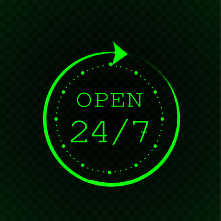 Open 24 7 and stylized clock, green neon lightのイラスト素材