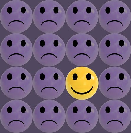 Business concept as a group of purple sad emoticons and with one individual yellow smiley as a business icon for innovative solutionのイラスト素材