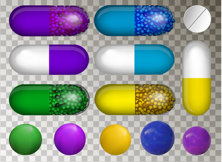 VECTOR set of purple, blue and yellow different pillsのイラスト素材