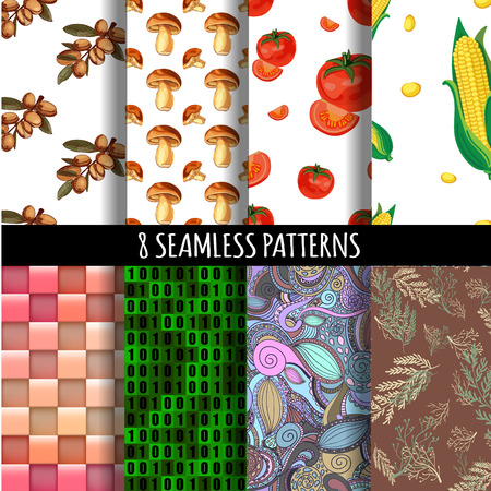 VECTOR 8 seamless patterns set: argan, mushrooms, tomato, corn, squares, binary code, doodle shapes and twigsのイラスト素材