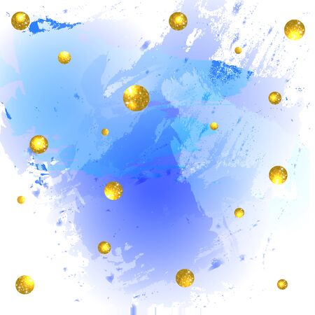 Textured paint splash blue background and glittering golden balls. VECTOR illustration.のイラスト素材