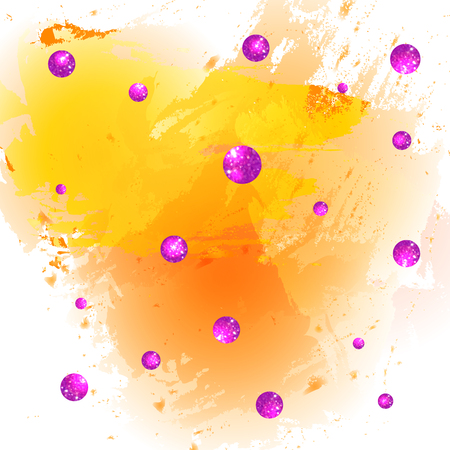 Textured paint splash yellow background and glittering pink balls. VECTOR illustration.のイラスト素材