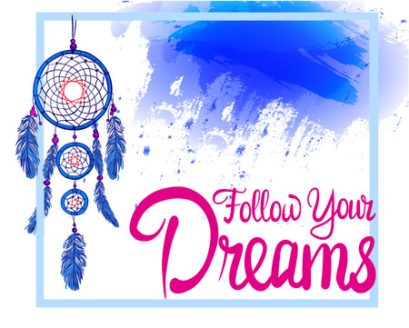 FOLLOW YOUR DREAMS words with hand drawn dream catcher with paint splash backdrop. Pink and blue colorsのイラスト素材