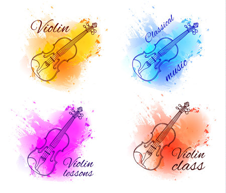 Violin outline drawing, contour line on paint splash abstract background. Isolated on white VECTOR sketches with wordsのイラスト素材