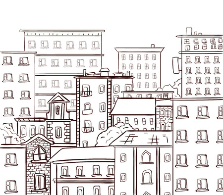 Line work, doodle city. Black lines on white background. VECTOR hand drawn sketchのイラスト素材