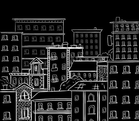 Line work, doodle city. White lines on black chalkboard. VECTOR hand drawn sketchのイラスト素材